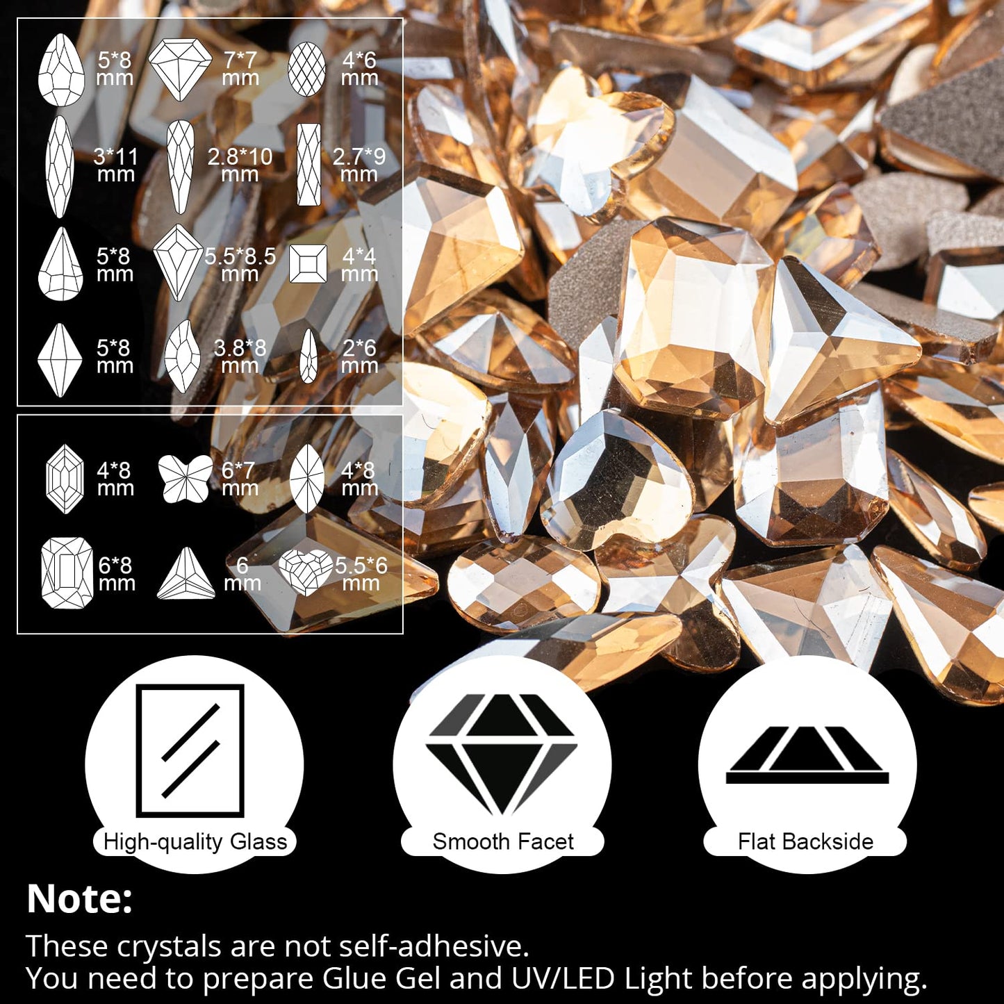 18 Styles Multi-Shaped Glass Gemstones for Nails and 6 Sizes Round Crystal Rhinestones Kit #5, Champagne Nail Art Charm Bead Manicure Decoration with Pickup Pencil and Tweezer