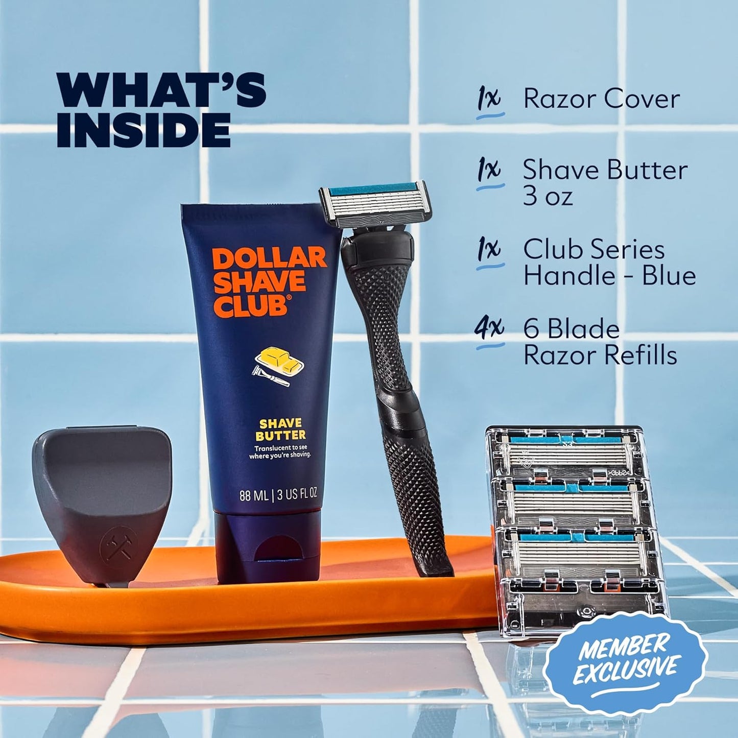 Dollar Shave Club | The Member Exclusive Shave Set | 4 Extra Close Refill Cartridges, 1 Handle (Black), 1 Shave Butter 3 ounce, 1 Razor Cover, Razors for Men