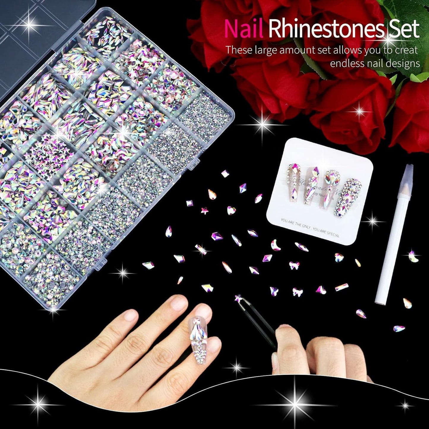 Dowarm 6000pcs Nail Rhinestones Kit, 16 Types of 800PCS Special-Shaped Diamonds + 5200PCS Flatback Rhinestones, 3D Crystal AB Glass Gemstones for Nail Crafts Decoration, Jewelry Gem Stones Charm