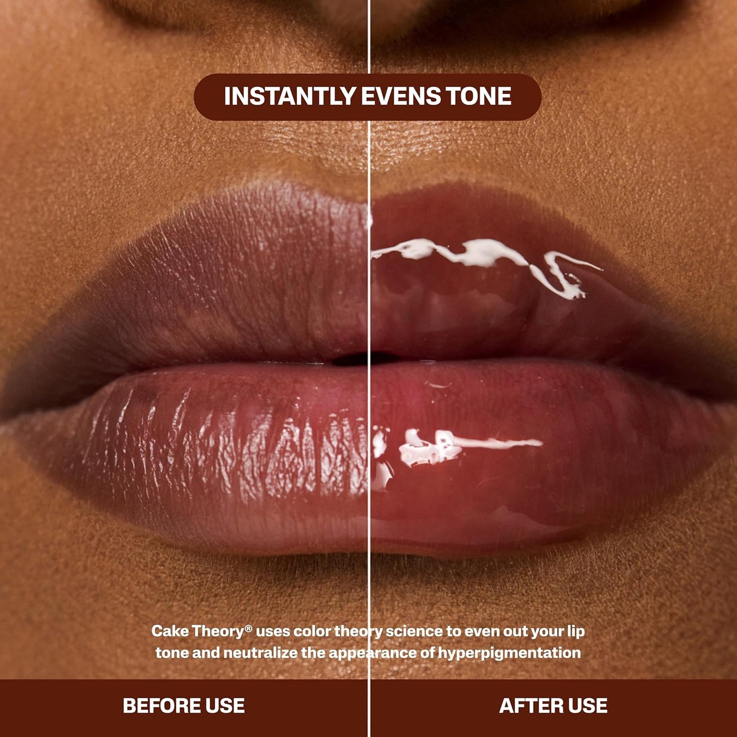 Cake Theory: Lip Tone Equalizing Oil | For Balanced Lip Color | Hydrating and High-Shine Blurring Lip Oil with Purple Brown Tint | Clean, Vegan, and Moisturizing Formula – 0.23 oz, Browning