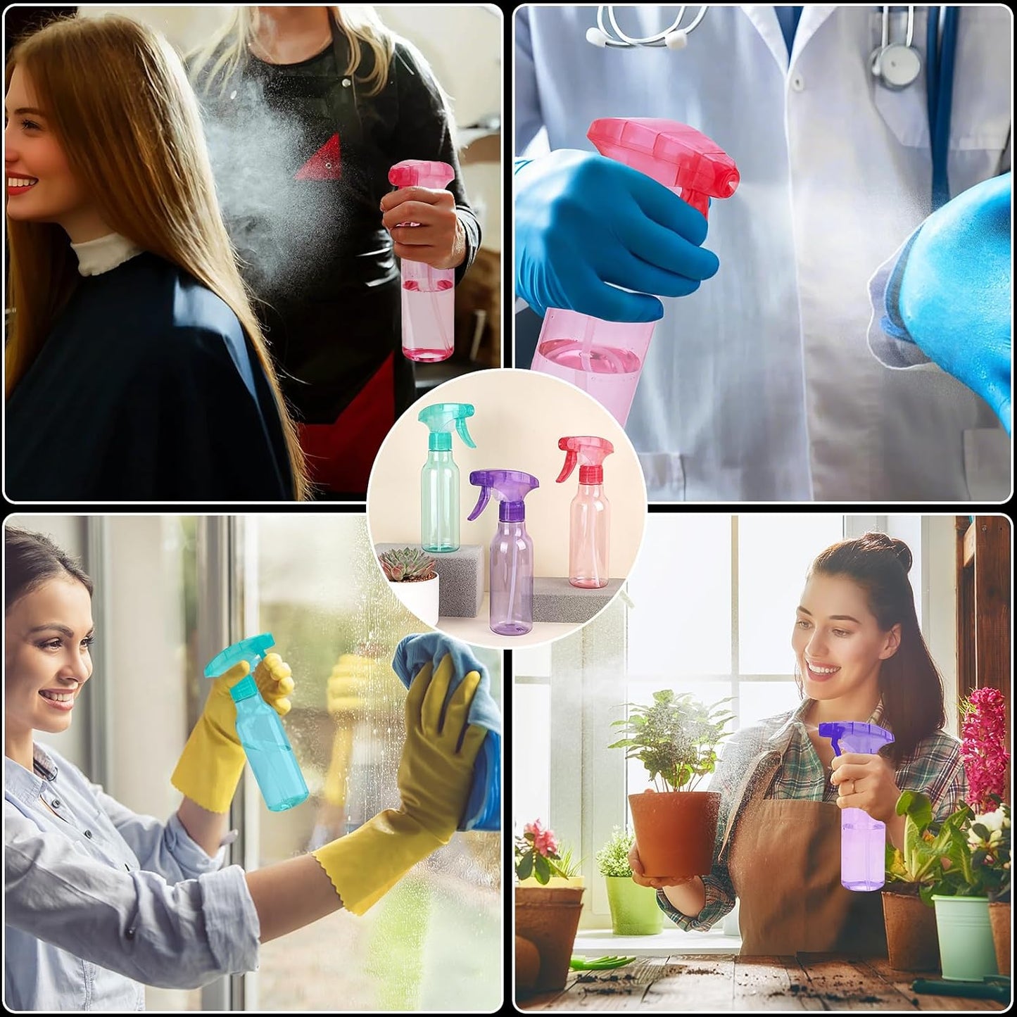 Cosywell 3 Pack Plastic Spray Bottles 8.8oz/260ml Empty Spray Bottle for Cleaning Mist/Stream Heavy Duty Water Spraying Bottle for Cooking Solutions Essential Oils Hair Care(Green Pink Purple)