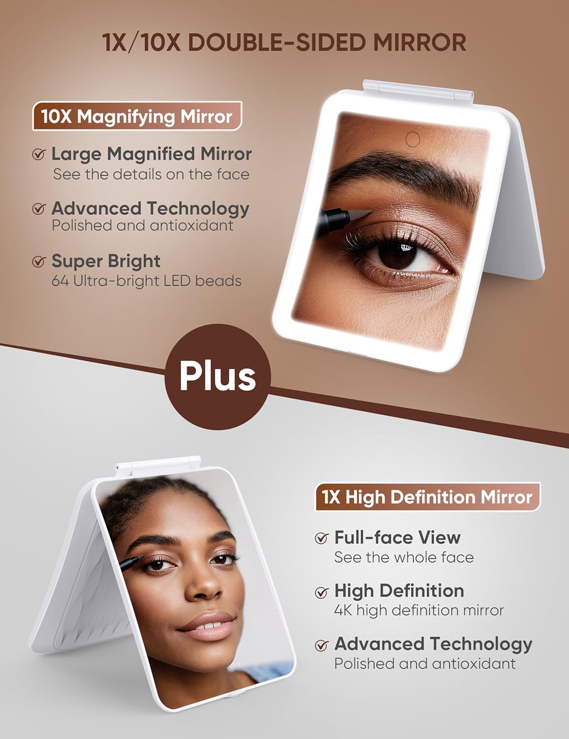 1X/10X Magnifying Makeup Mirror with 3 Colored Lights and Touch Control, 2700mAh Rechargeable LED Vanity Mirror for Home, Bathroom and Travel (Pearl White, with LED Lights)