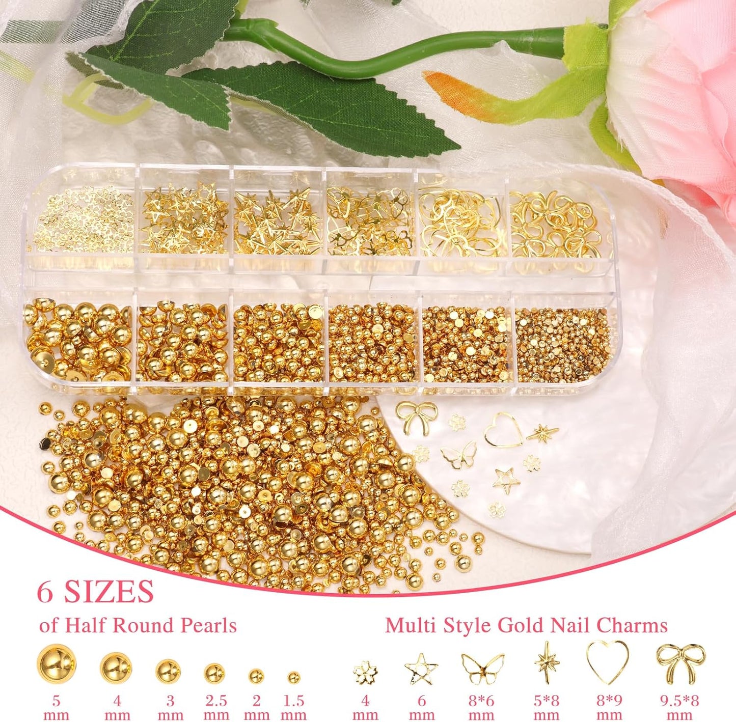 2 Boxes Metal Gold Nail Charms and Gems, 3D Alloy Crown Heart Planet Nail Gems Charms, Golden Bows Star Nail Studs, Gold Pearls Beads for Nails Art Designs DIY Accessories