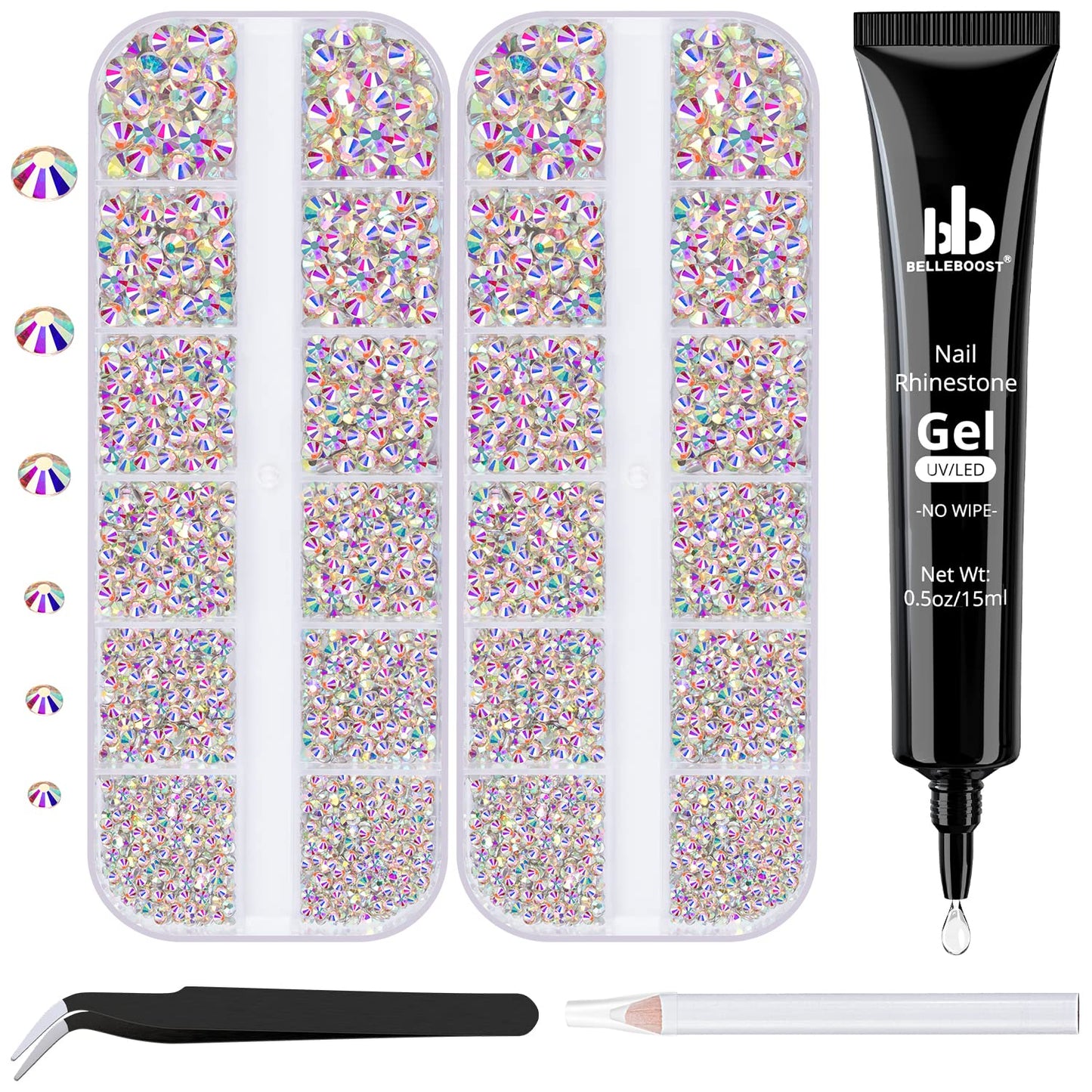 Nail Art Rhinestone Glue Gel&2 Boxes Flatback Gems Kit, 1 Tube of 15ml Rhinestone Gel Glue(UV/LED Needed)+Crystal AB Gems with Pickup Tools