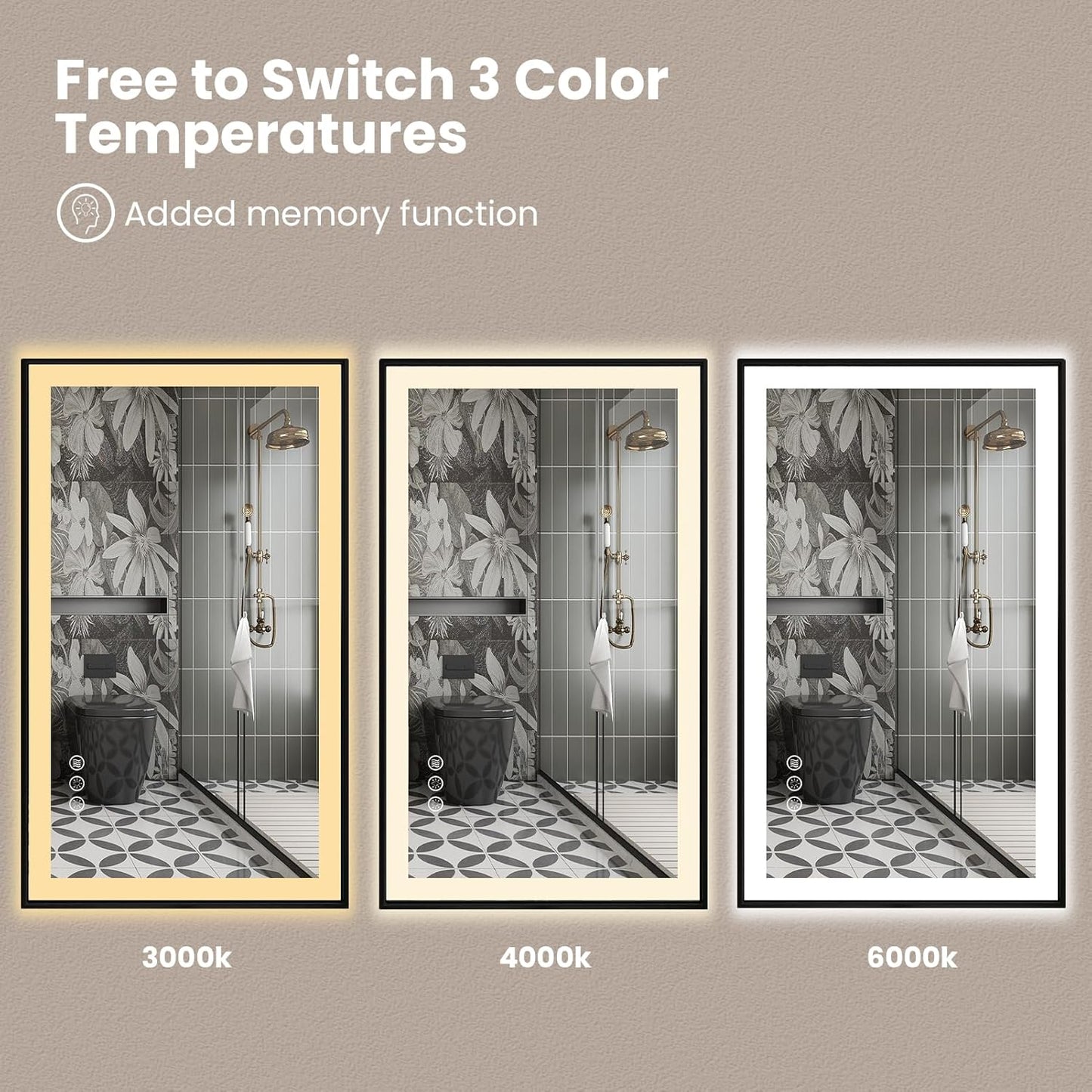 Amorho 36"x 36" LED Bathroom Mirror with Black Frame, Front Light and Backlit(Controlled Separately), Stepless Dimmable, Anti-Fog, Shatter-Proof, 3 Colors, Memory