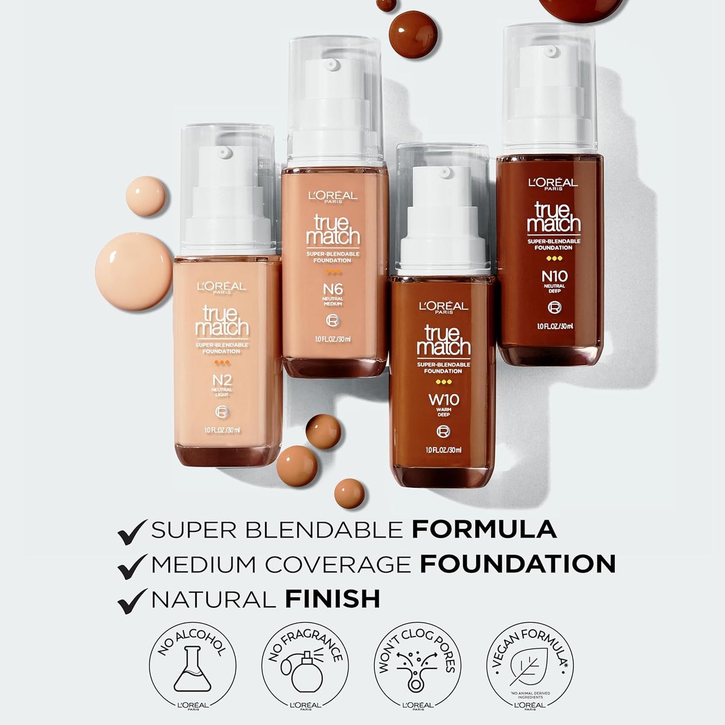 L'Oreal Paris True Match Super-Blendable Foundation, Medium Coverage Liquid Foundation Makeup, C2.5, Light Medium, 1 Fl Oz