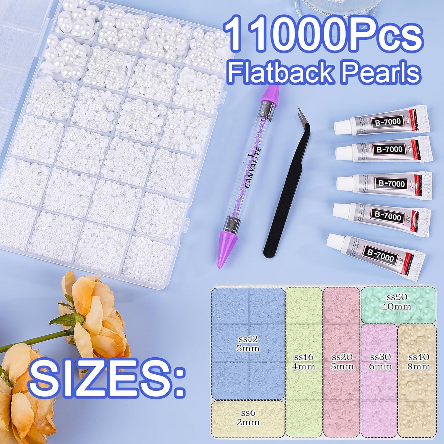 Canvalite 11000Pcs Flatback Pearls for Crafting, Multiple Sizes Half Nail Pearls with 5Pcs B7000 Jewelry Glues & Picker Tools Bedazzling Bead for DIY Crafts Clothing Tumblers Shoes Decors Nail Art