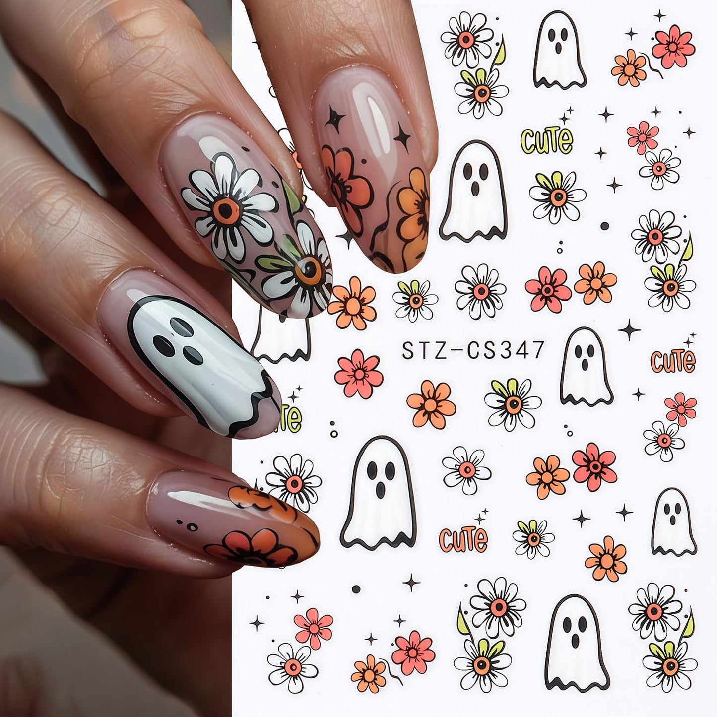 6 Sheets Ghost Nail Stickers for Nail Art, Halloween Nail Decals 3D Self-Adhesive Flower and Spooky Ghost Fall Stickers Design French Tip Nails Sticker Halloween DIY Manicure Decoration for Women