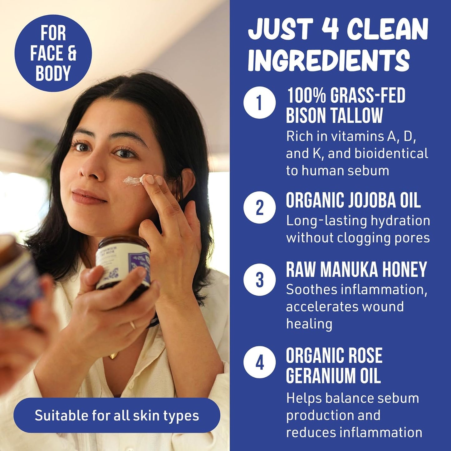 Whipped Bison Tallow Balm w/Manuka Honey, Jojoba, Rose Geranium Oil - Grass-Fed & Finished Organic Tallow Face Moisturizer - Face & Body Cream for Acne-Prone Skin - Nourishing Skincare (2.5oz)