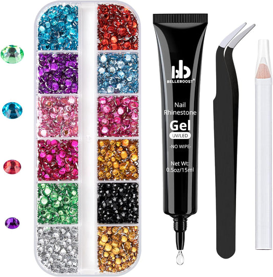 Nail Art Rhinestone Glue Gel&Flatback Gems Accessories Kit, 1 Tube of 15ml Rhinestone Gel Glue(UV/LED Needed)+1 Box of Flat-Back Round Mixed Color Gemstones with Pickup Pencil and Tweezer