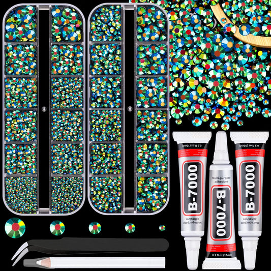 Resin Jelly Rhinestones for Crafting with B7000 Jewelry Glue, 2 Boxes Emerald Black AB Flatback Crystals with 3Pcs 10ml Glue, Bedazzling Non Hotfix Gems for DIY Tumblers Clothing Shoes Manicure