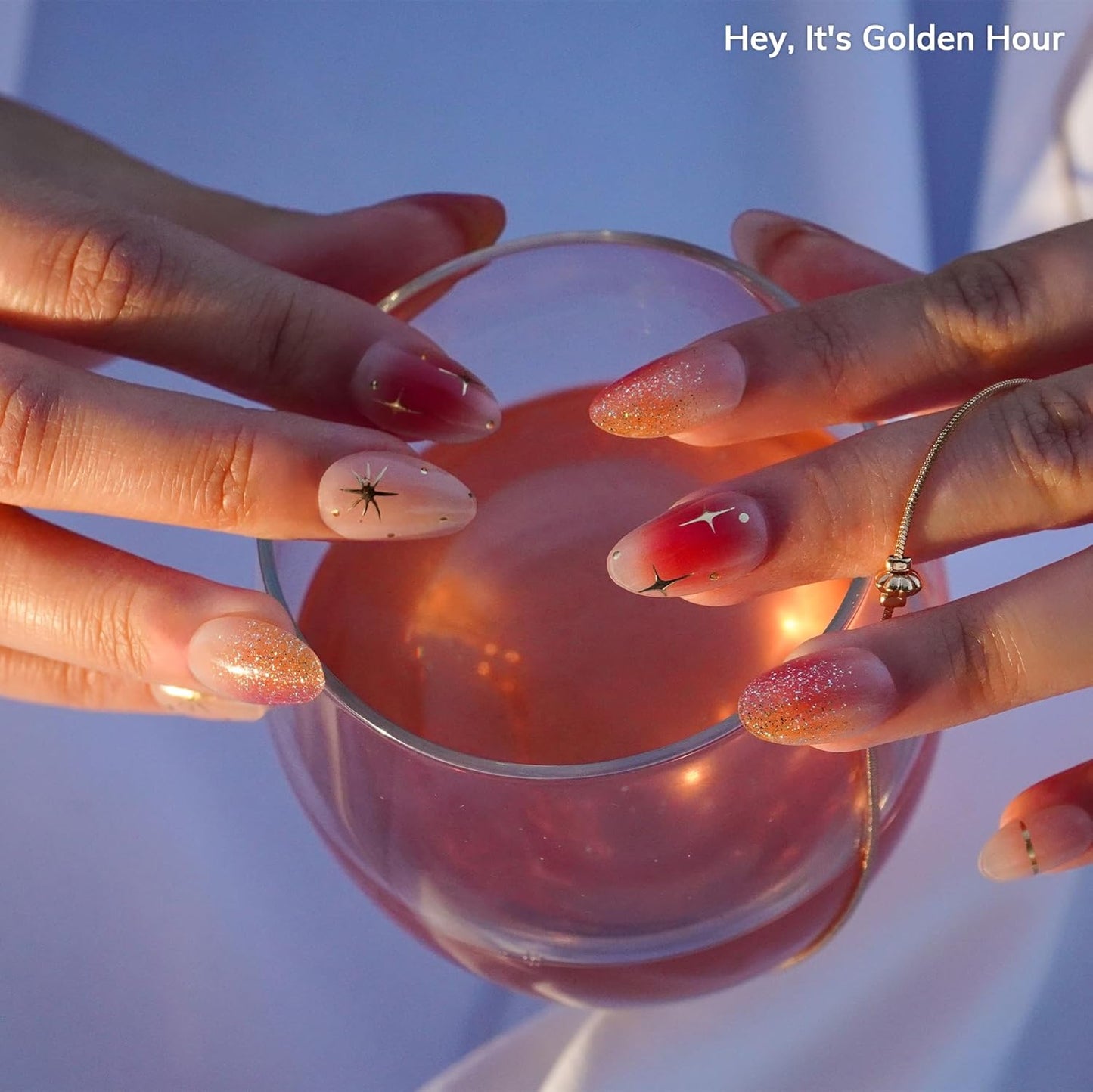 Semi Cured Gel Nail Strips | No LED Lamp Needed | Ombre, Gold, Spring | Easy Apply & Remove, Salon Quality | Includes 28 Strips, 1 Prep Pads, Nail File & Wooden Stick - Hey, It's Golden Hour