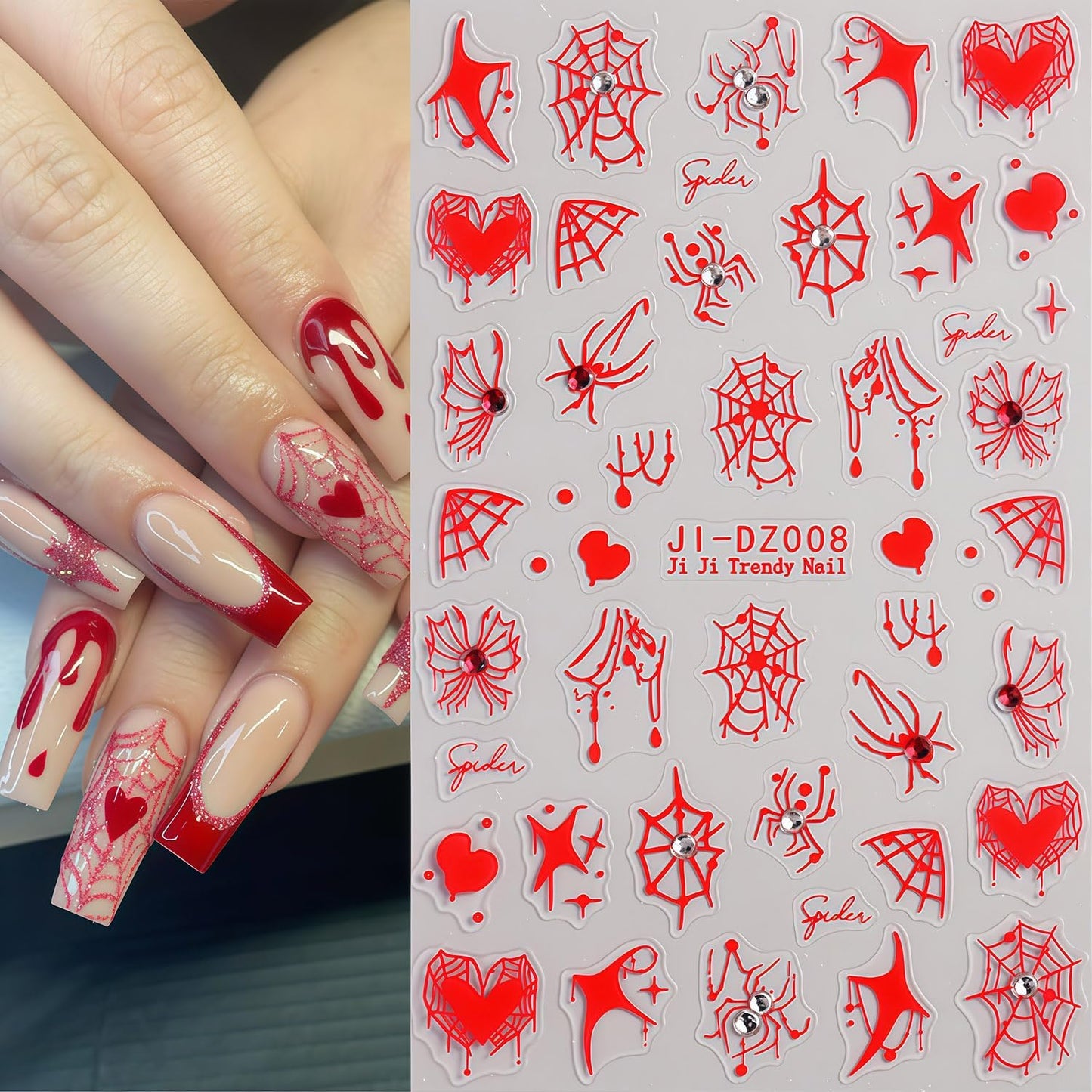 Halloween Spider Web Nail Stickers 3D Self-Adhesive Rhinestone Spider Butterfly Nail Decals Red Blue White Heart Spider Web Pattern Design Nail Sticker for Women Halloween Holiday DIY Manicure