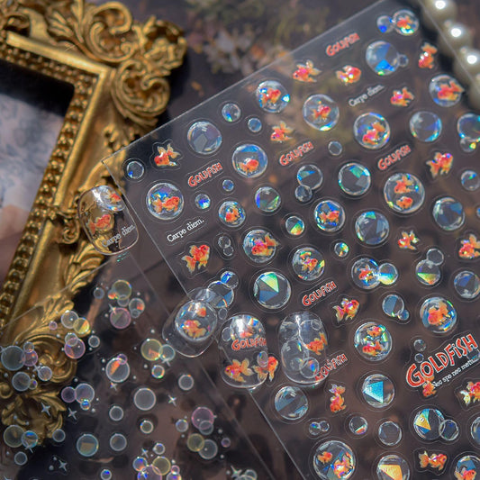 Goldfish Nail Art Stickers Sparkly Koi Fish Nail Stickers 5D Embossed Bubbles Chinese Style Manicure Decals Accessories Shell Light Goldfish Adhesive Slider for Women DIY Nail Art Decorations