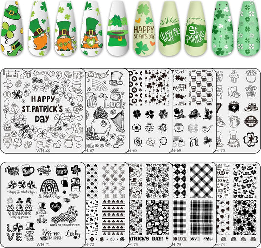 Whaline 10Pcs St. Patrick's Day Nail Art Stamping Plates Kit Shamrock Gnome Image Stamp Templates Irish Nail Art Plates for Holiday DIY Print Manicure Salon Design Gift