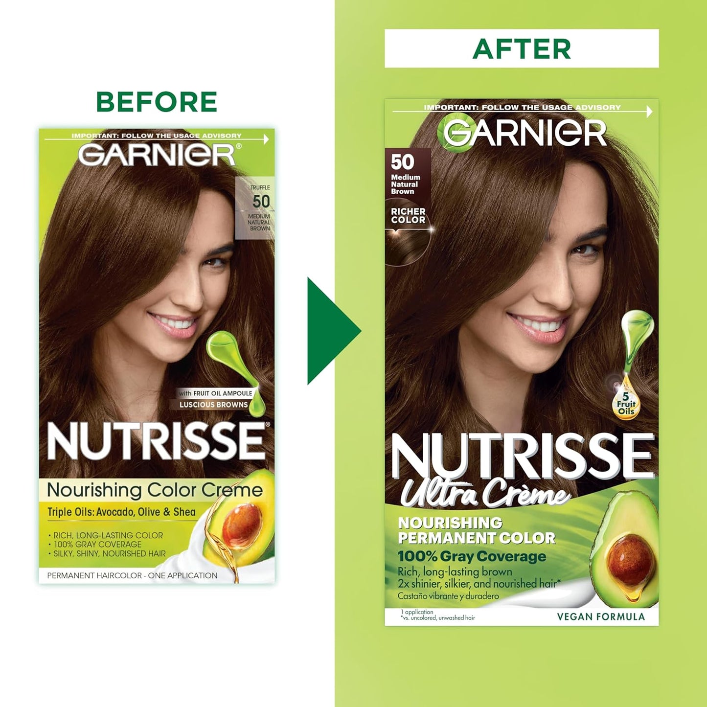 Garnier Hair Color Nutrisse Nourishing Creme, 50 Medium Natural Brown (Truffle) Permanent Hair Dye, 2 Count (Packaging May Vary)