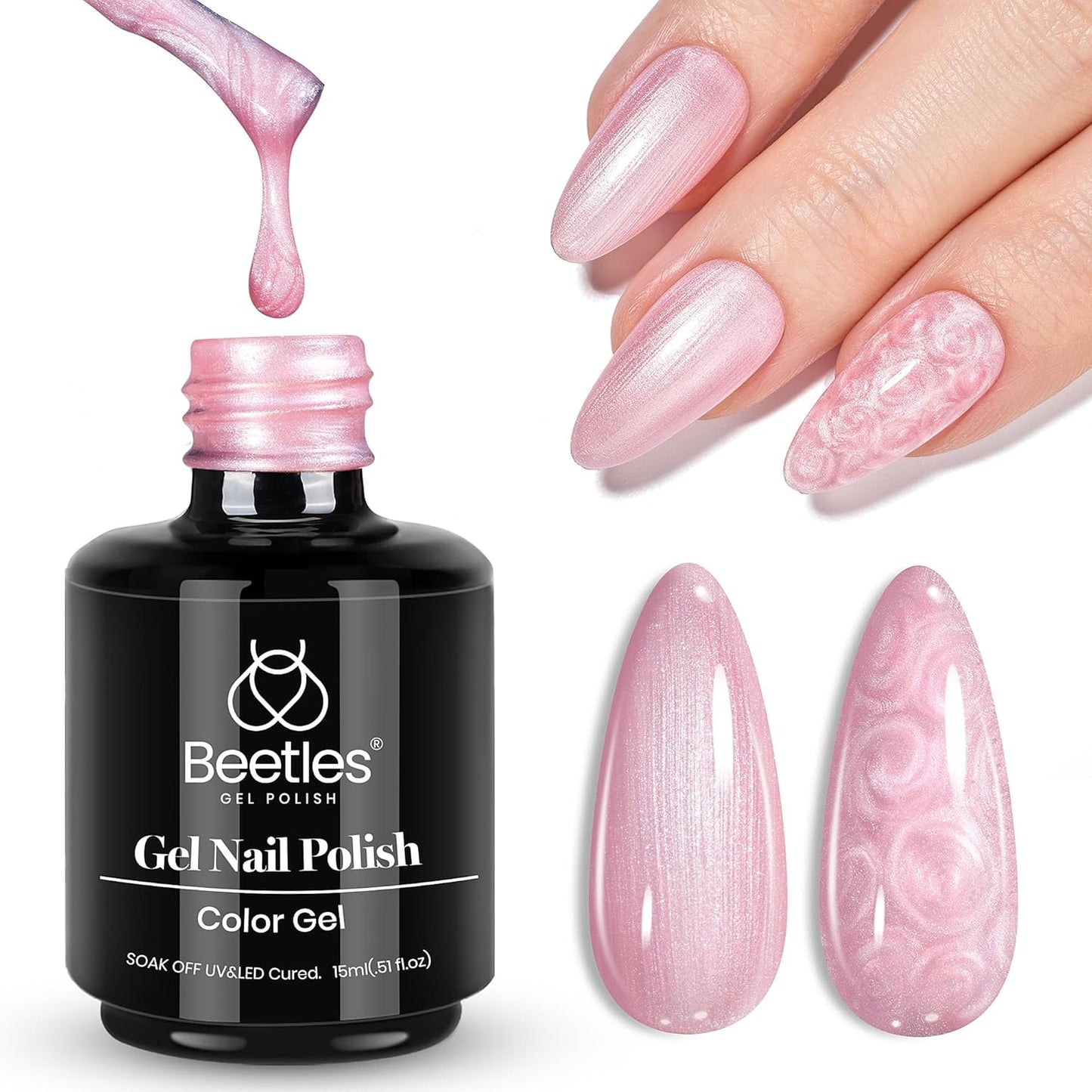 Beetles Pearl Pink Gel Nail Polish – Soft Afternoon Mermaid Gel Polish, 15ml Thread Effect Pink Nail Swirl Shell DIY Nail Art Design Manicure Gifts for Women