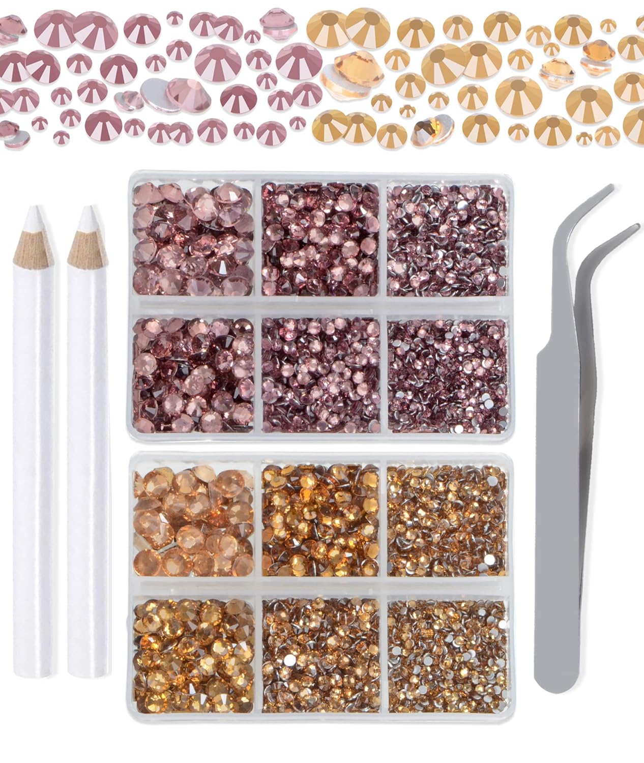 LPBeads 6000 Pieces Topaz and Lt Amethyst Non Hotfix Rhinestones 6 Sizes Round Crystal Glass Flat Back Rhinestones with Tweezers and Picking Pen for Nail Art Crafts Clothes Bags DIY