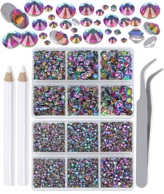 LPBeads 6000 Pieces Green Volcano Non Hotfix Rhinestones 6 Sizes Round Crystal Glass Flat Back Rhinestones with Tweezers and Picking Pen for Nail Art Crafts Clothes Bags DIY