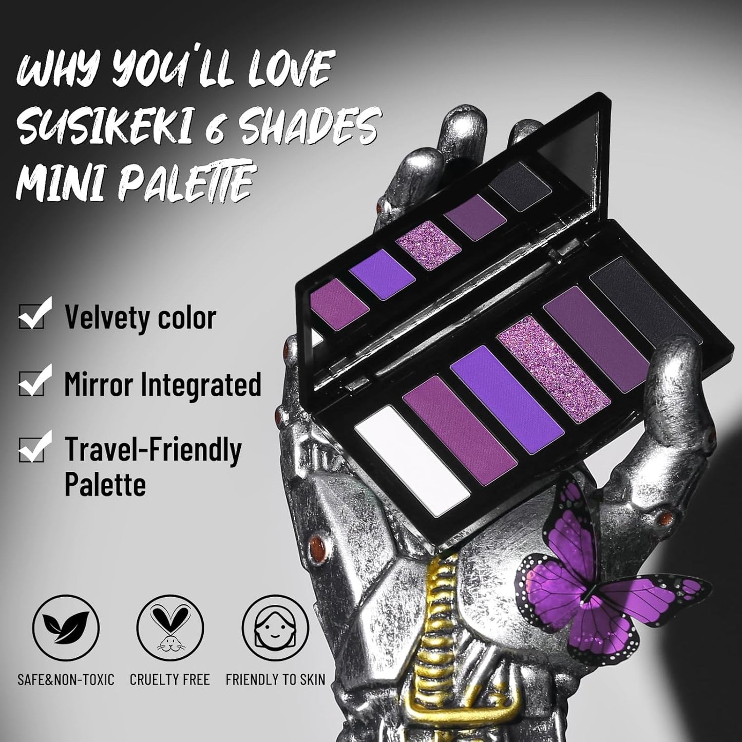 Purple Eyeshadow Palette with Mirror Lilac Violet Plum Tones Matte Shimmer Glitter 6 Colors Mini Eye Shadow Pallet Travel Size Highly Pigmented for Fairy Witch Goth Halloween Costume Makeup