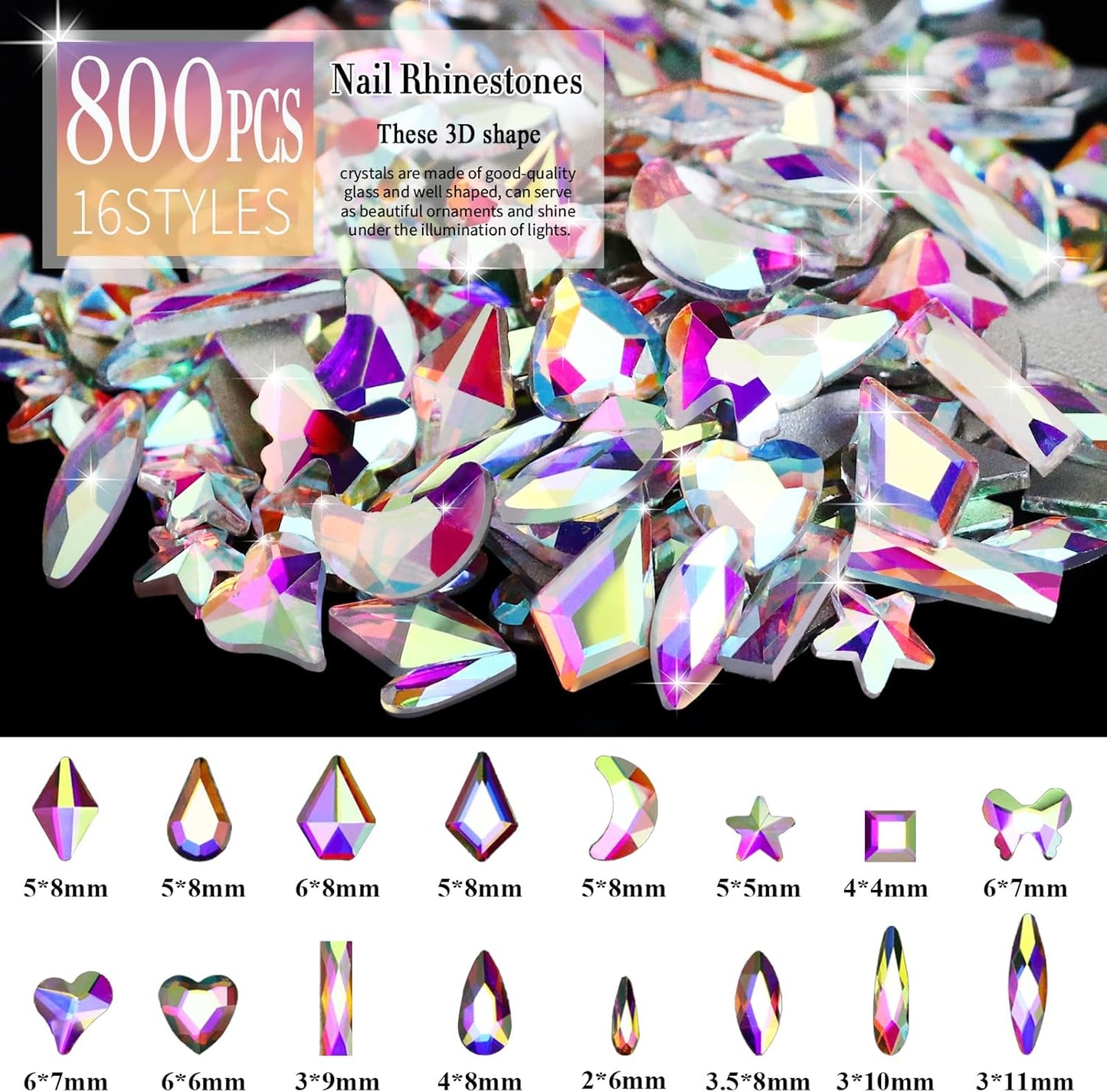 Dowarm 6000pcs Nail Rhinestones Kit, 16 Types of 800PCS Special-Shaped Diamonds + 5200PCS Flatback Rhinestones, 3D Crystal AB Glass Gemstones for Nail Crafts Decoration, Jewelry Gem Stones Charm