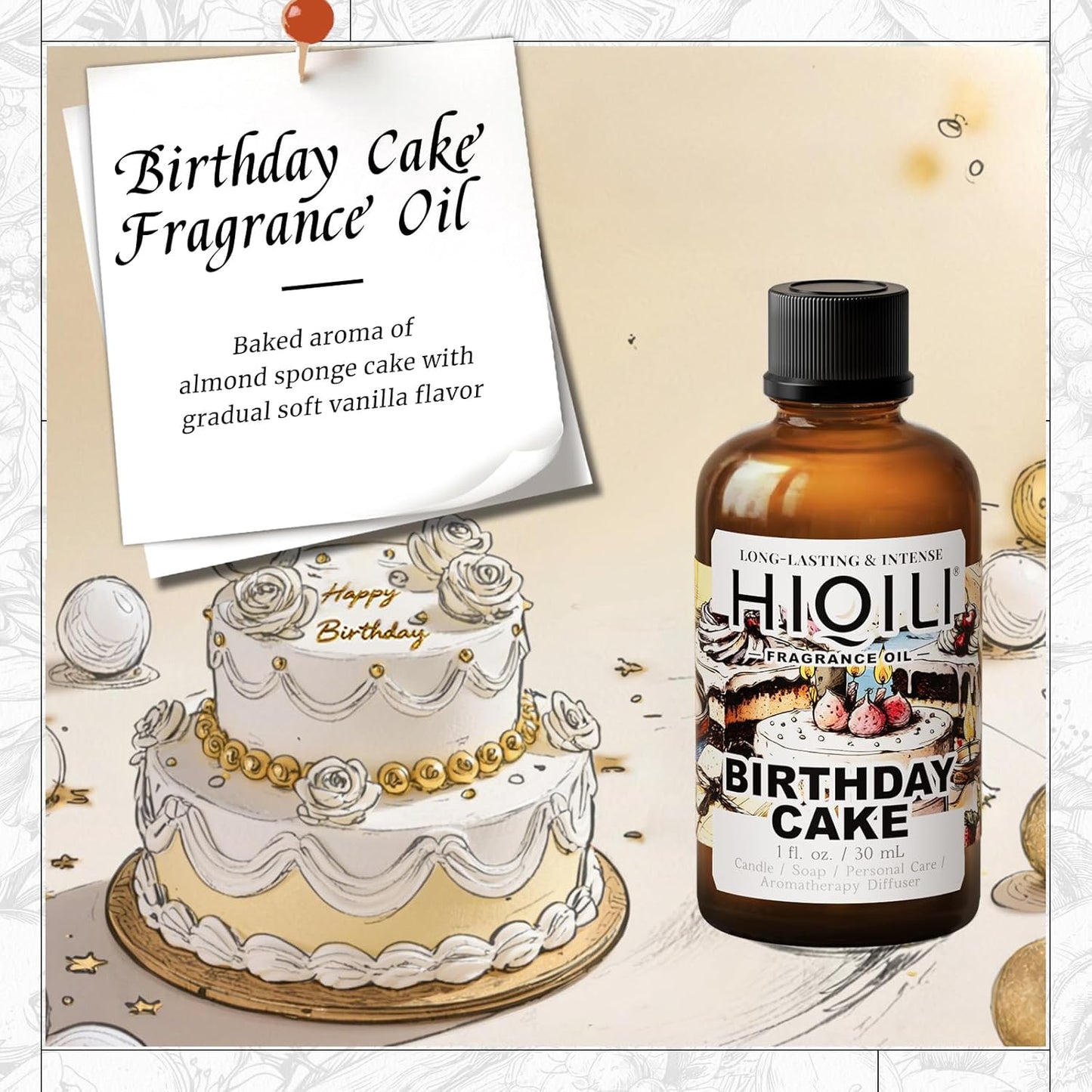 HIQILI Birthday Cake Fragrance Oil for Diffusers, Candle & Soap Making, Add to Aromatic Air Freshener Spray, Premium Grade - 1Fl Oz