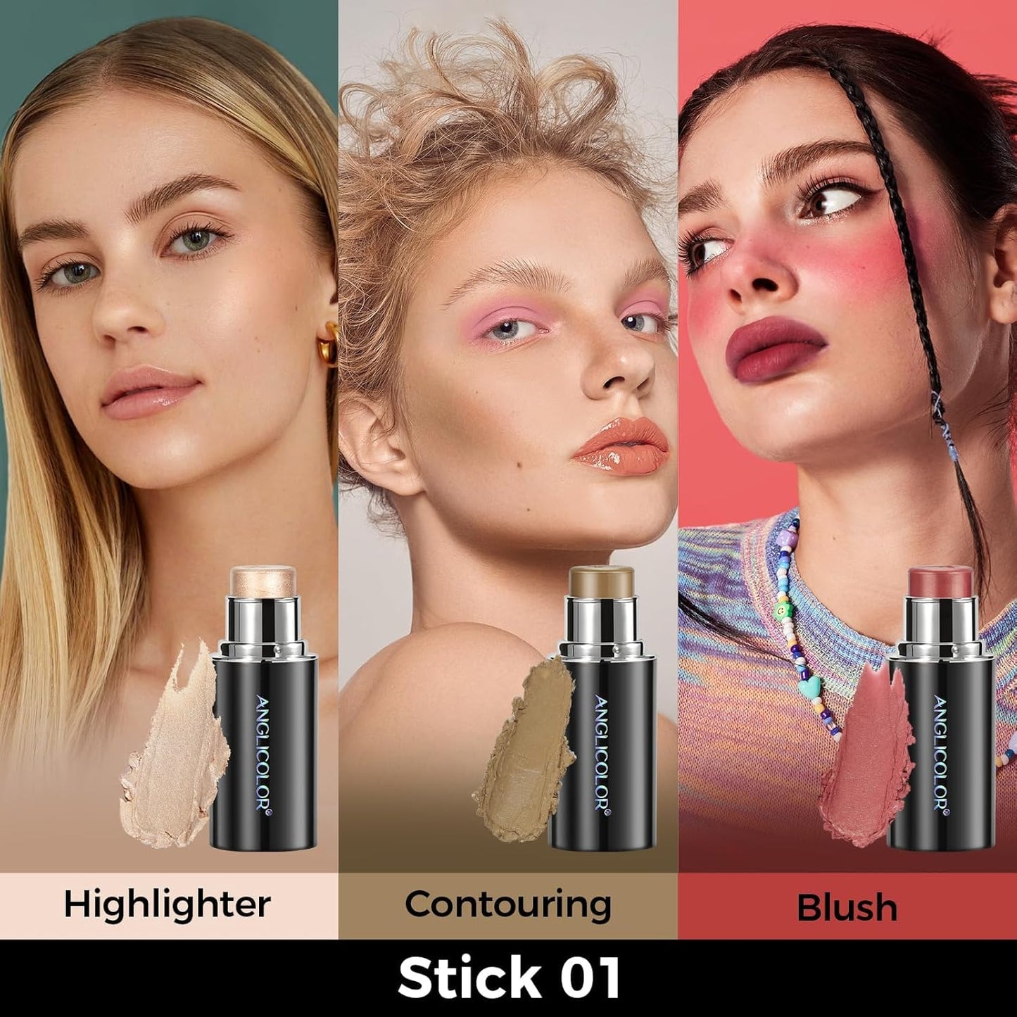 3PC Anglicolor Highlighter Long Lasting,Contour Stick Makeup Naturally,Blush Makeup Smoothing,High Color Rendering,Easy To Mix,Vegan & Cruelty-Fre