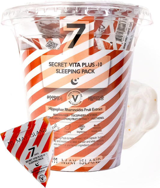MAY ISLAND 7 Days Secret Vita Plus Sleeping Mask - Korean Overnight Mask with Sea Buckthorn Extract & Niacinamide - Revitalizing & Nourishing - Single-Use Pouches. 0.17oz. x 12 Pack
