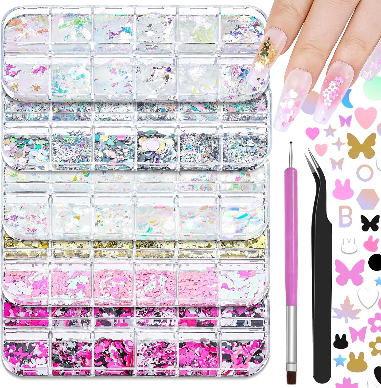 5 Boxes 60 Colors Holographic Nail Art Sequins Kit, Iridescent Sparkle Laser Hollow 3D Star Butterfly Heart Round Mixed-shapes Nail Glitter Flakes for Manicure Body Makeup Craft DIY (2-colorful-kit2)