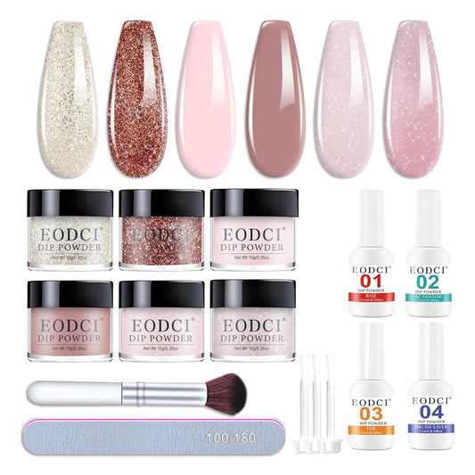 12 Pcs Dip Powder Nail Kit Starter, 6 Colors Glitter Pink Nude Sparkle Purple Dipping Powder Kit with Base & Top Coat/Activator/Brush Saver, Nail Art Dip Manicure Kits for Women