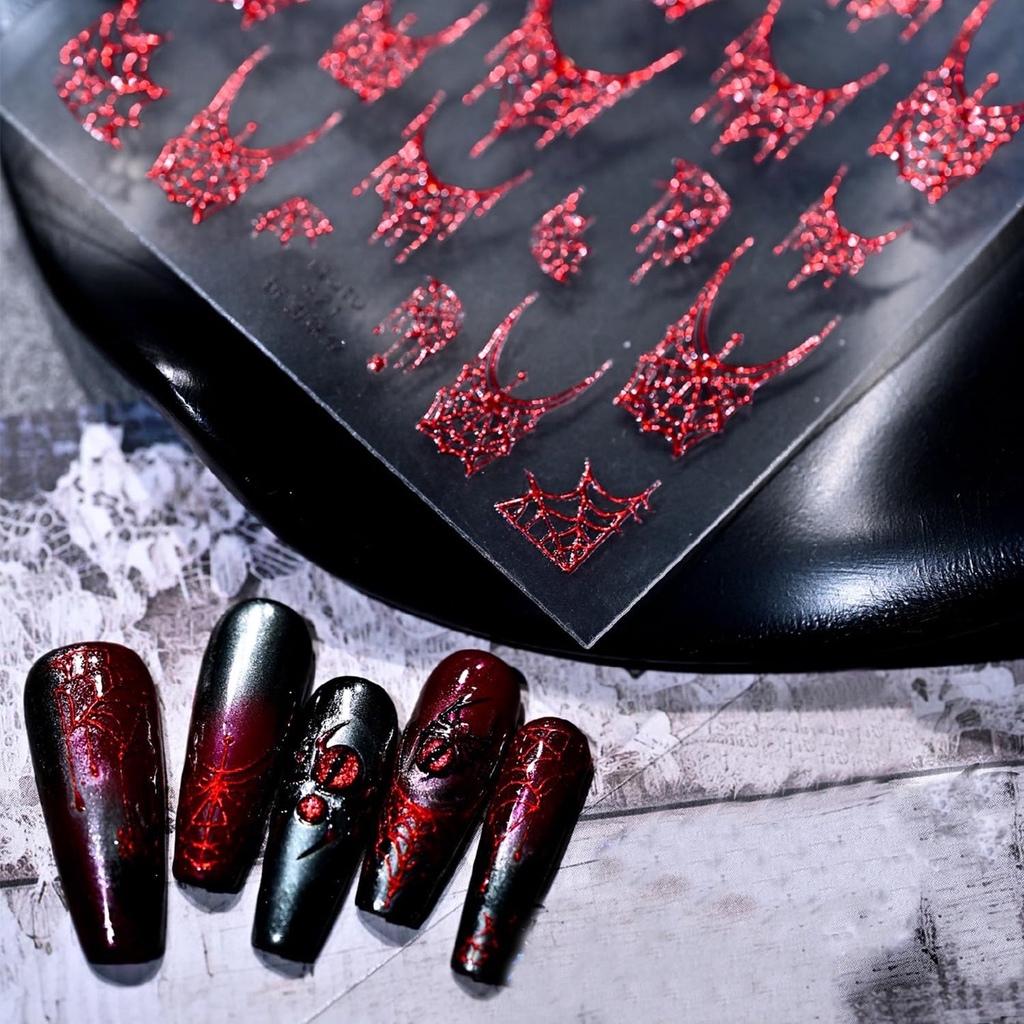 1 Sheets Halloween Nail Stickers for Nail Art 5D Self-Adhesive Spider Web Nail Art Stickers Red Spider Web Nail Decals Halloween Embossed Nail Design Sticker for Women DIY Nail Decoration
