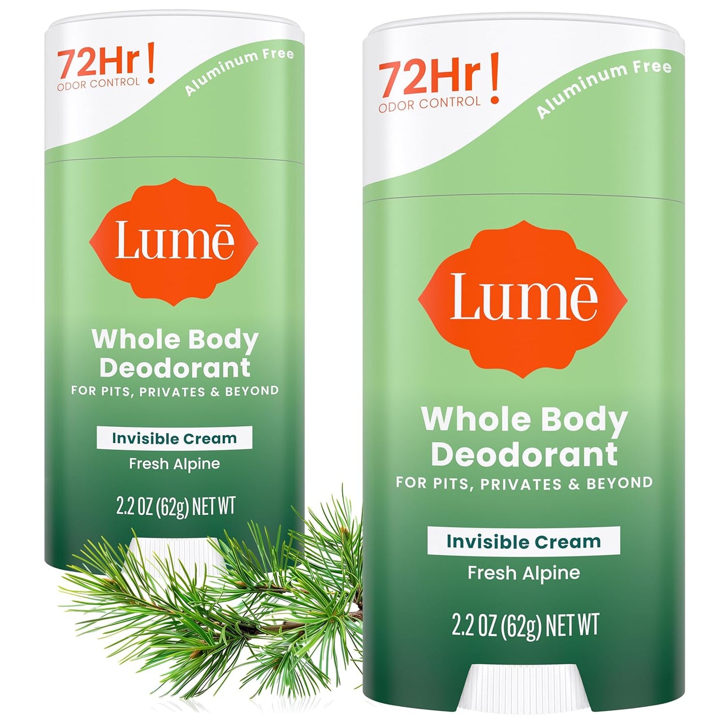 Lume Whole Body Deodorant - Invisible Cream Stick - 72 Hour Odor Control - Aluminum Free, Baking Soda Free, Skin Safe - 2.2 Ounce (Pack of 2) (Fresh Alpine)