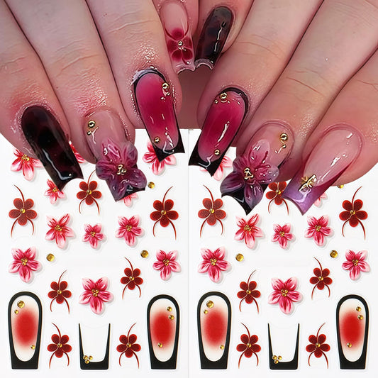 Flowers Nail Art Stickers Decals 5D Embossed Self-Adhesive Summer Flowers Nail Stickers French Tip Design Nail Decals Spring and Summer Flower Sticker for Women DIY Manicure Decoration Supplies