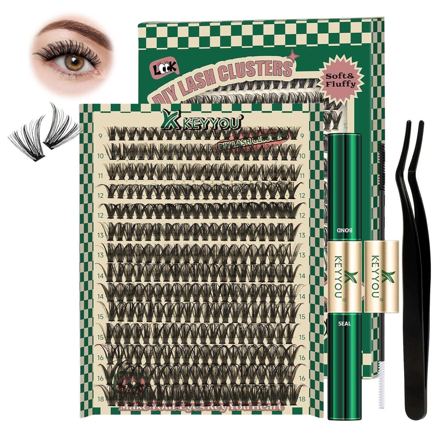 DIY Lash Extension Kit 280pcs Individual Lashes D Curl Eyelash Extension Kit KEYYOU 40D 9-18Mix Lash Clusters with Lash Bond and Seal and Lash Applicator for DIY at Home(KIT-40D-0.07D-9-18Mix)