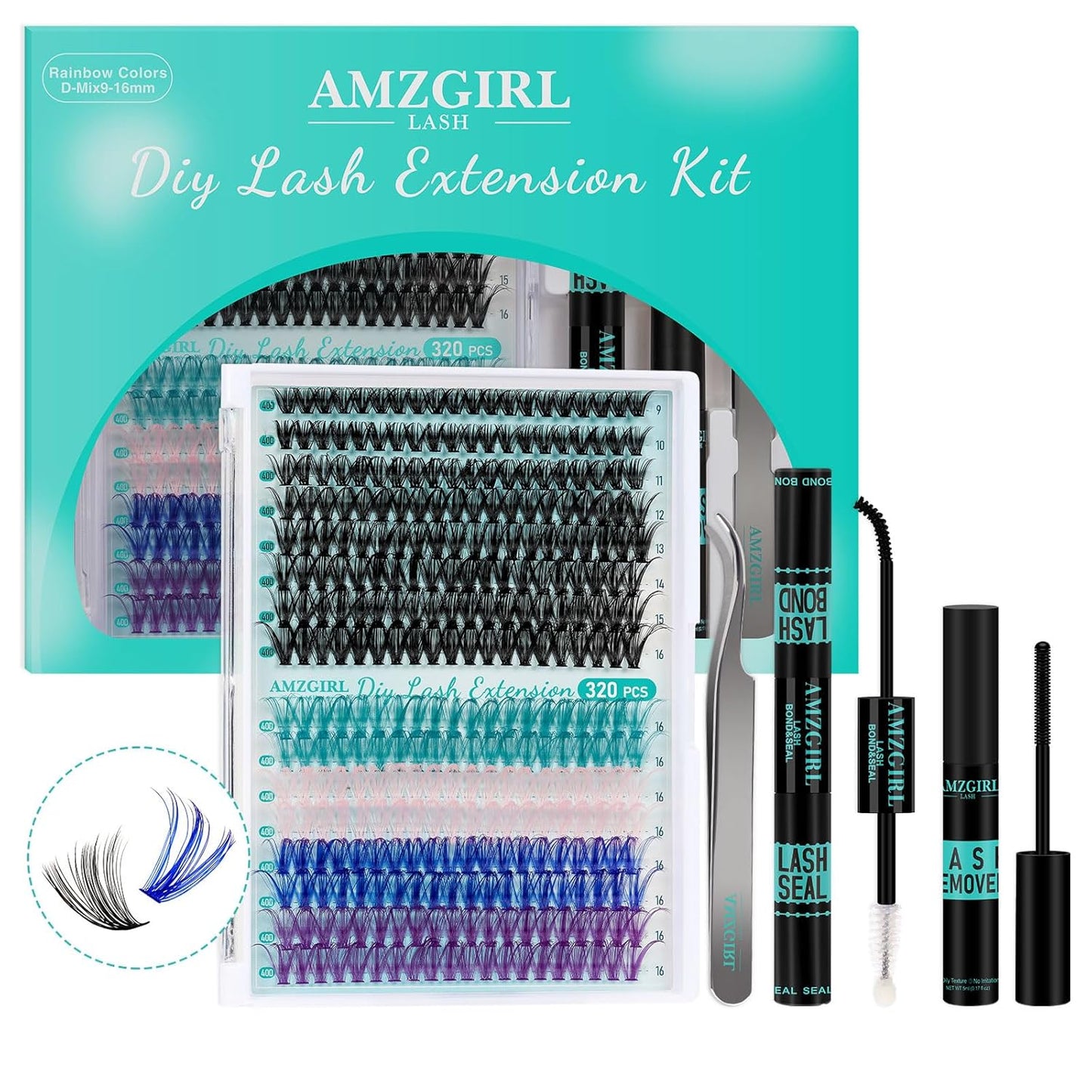 Lash Extension Kit 320Pcs,DIY Individual Lashes Clusters Kit,Lash Bond And Seal,Lash Remover For Colorful Eyelashes Extensions,Lash Applicator Tools For False Eyelash Cluster Kit(40D,D-Mix9-16mm Kit)