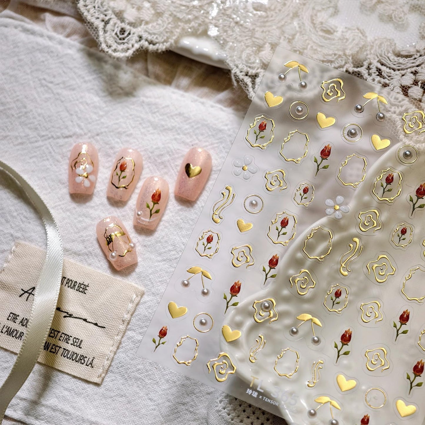 Tulip Nail Art Stickers 5D Embossed Flower Pearl Cherry Nail Stickers, Self-Adhesive Durable Nail Art Decals for Women Girls, Nail Wraps Decoration Manicure for DIY Acrylic Nail Accessories