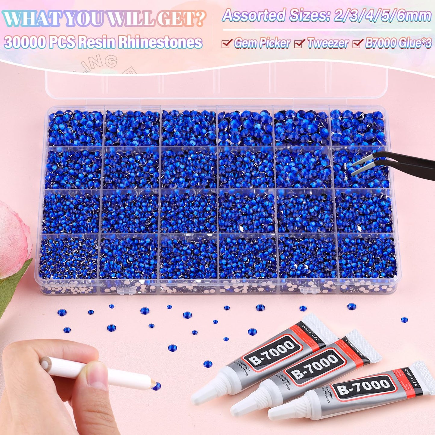 30000Pcs Resin Royal Blue Rhinestones for Bedazzling Crafting with b7000 Jewelry Glue, Bulk Flatback Gems Bedazzler Kit for Crafts Clothes Shoes Fabric Nail Diamond Art, Assorted Size 2/3/4/5/6mm