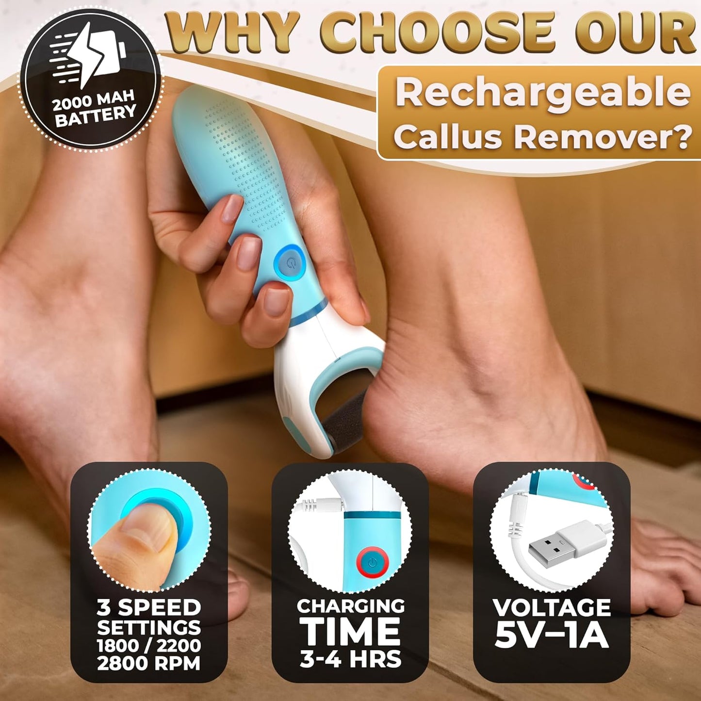 USB Rechargeable Electric Foot Callus Remover Tool – 3-Speed Foot Sanders for Feet (1800/2200/2800 RPM) with Replaceable Roller | 1200mAh, 70 Min Runtime – Pedicure Tools for Feet Smoothing
