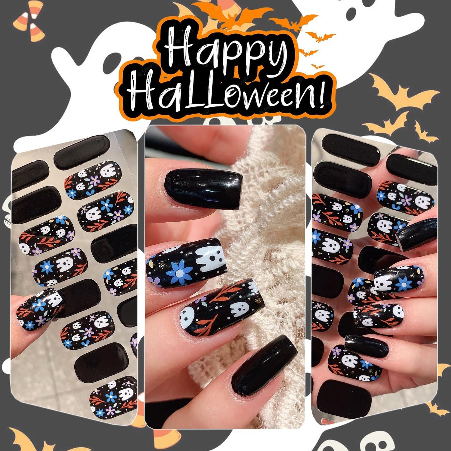 6 Sheets Horror Halloween Gel Nail Wraps Spider Web Flower Ghost Nail Polish Stickers Self-Adhesive Bat Pumpkin Spider Gel Nail Stickers Scary Halloween Holiday Nails Strips for Women