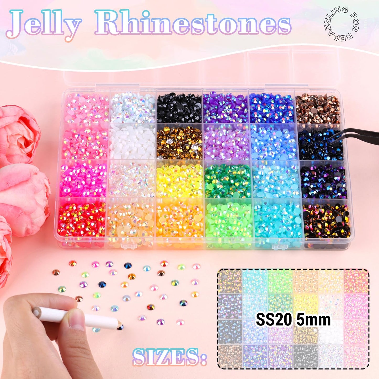 6600Pcs Resin Jelly Rhinestones with Tweezers for Crafting, Multi Colors 5mm Non Hotfix Flatback Gems, Bedazzling Crystal for DIY Crafts Clothing Tumblers Mugs Shoes Decor Nail Art