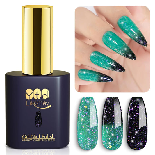 YTD Likomey Brocade Glitter Color Changing Gel Nail Polish,15ml Bright Green To Dark Green Shimmer Mood Temperature Change Colors,Fall Winter Ombre Thermal UV Nail Gel,WB349