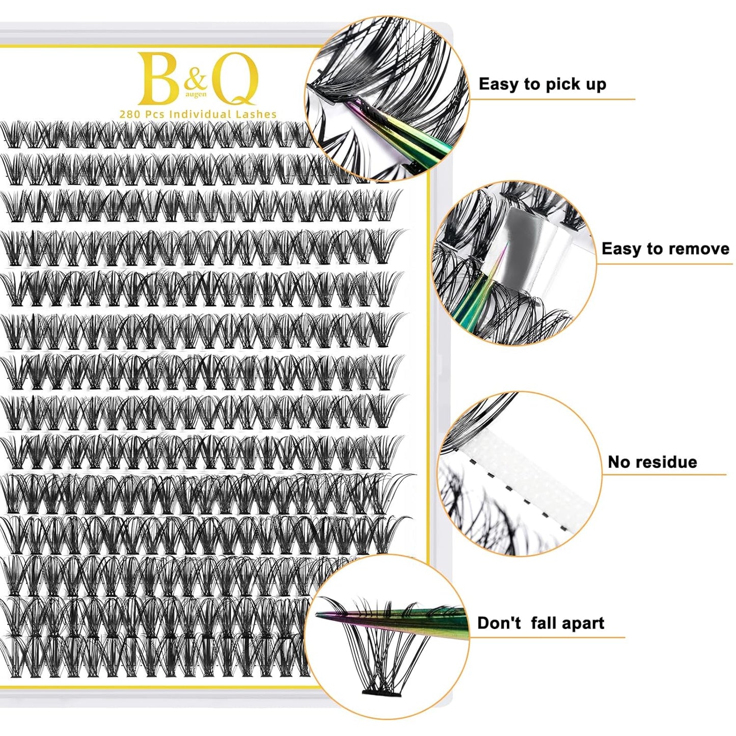 Lash Clusters B&Q LASH Individual Lashes 280 Clusters False Eyelash 10D 20D 30D 40D Lash Clusters Extensions Individual Cluster DIY Eyelash Extensions at Home 1 Count (Pack of 1), (40D-0.07D,15MM)
