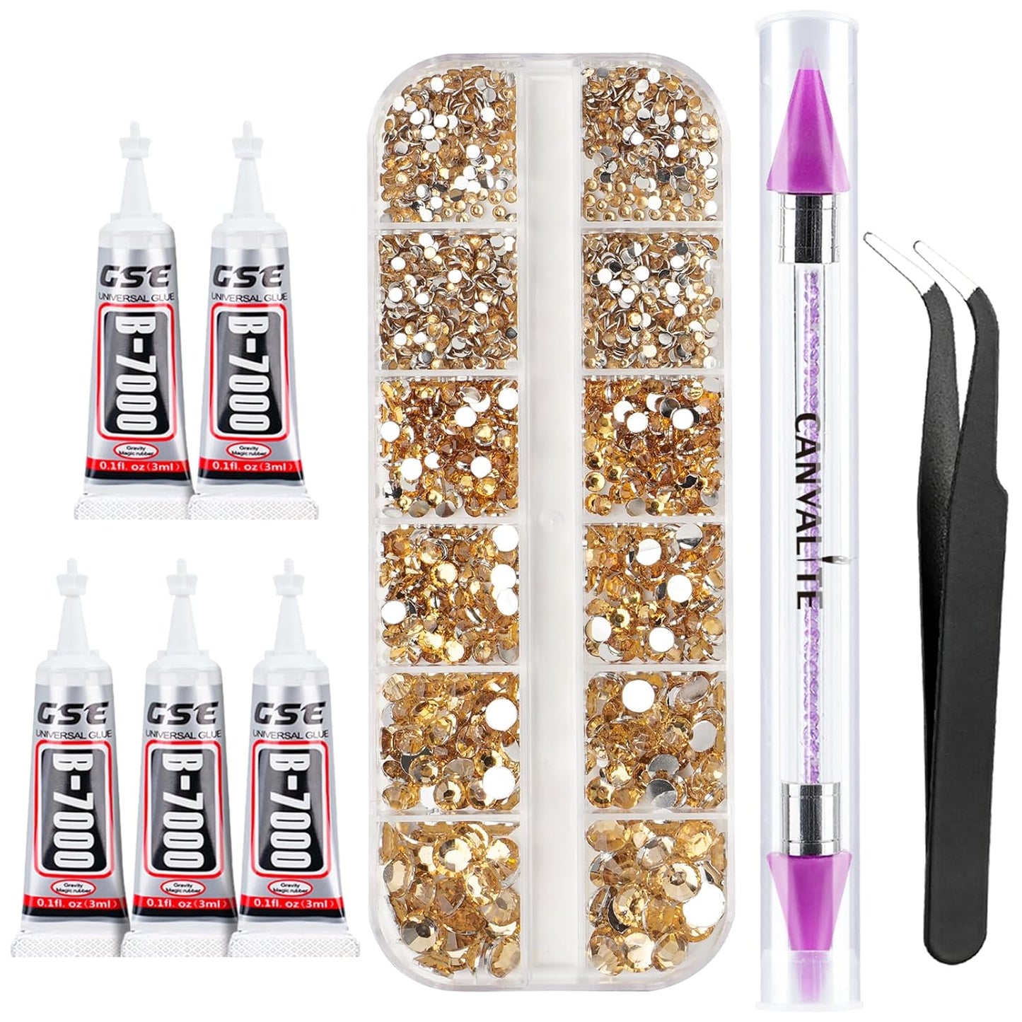 Canvalite 2784Pcs Gold Rhinestones Flatback Gems, Nail Rhinestones Nail Art Gems with Jewelry Glues, Pick Up Tweezers and Rhinestone Picker Dotting Pen, Nail Art Tools for Nails, Clothes, Face, Craft