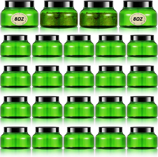 Tessco 24 Pack Plastic Jars with Lids Labels Empty Clear Plastic Jars Round Refillable Cosmetic Containers Body Butter Containers Bulk Sugar Scrub Bottle for Make Up(8 oz,Green, Black)