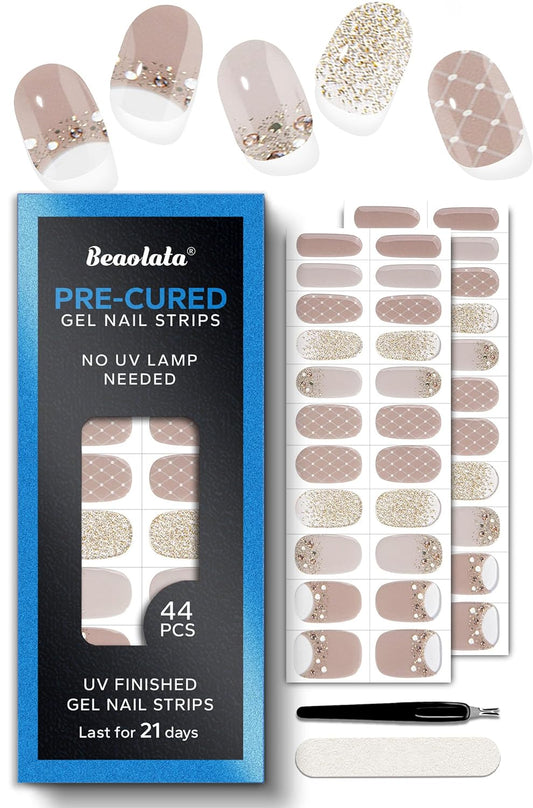 Pre Cured Gel Nail Strips - 44PCS Salon Quality Gel Nail Stickers - Long Lasting Polish Wraps for Women no UV Light Needed Easy Apply& Remove (Beige Nude）