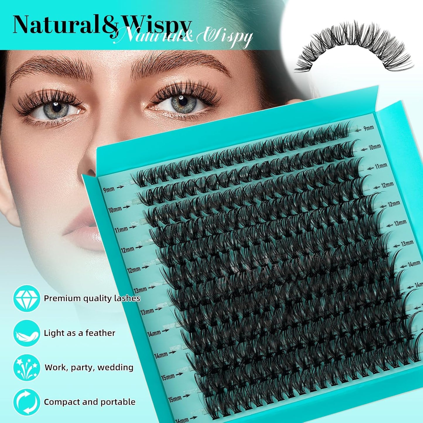 Lash Clusters 240pcs Eyelashes Cluster Individual Wispy Lashes Thin Band for D Curl Lash Extension Eyelashes for Beginners at Home,False Eyelashes Soft Eyelash Clusters(40D,D-Mix9-16mm)