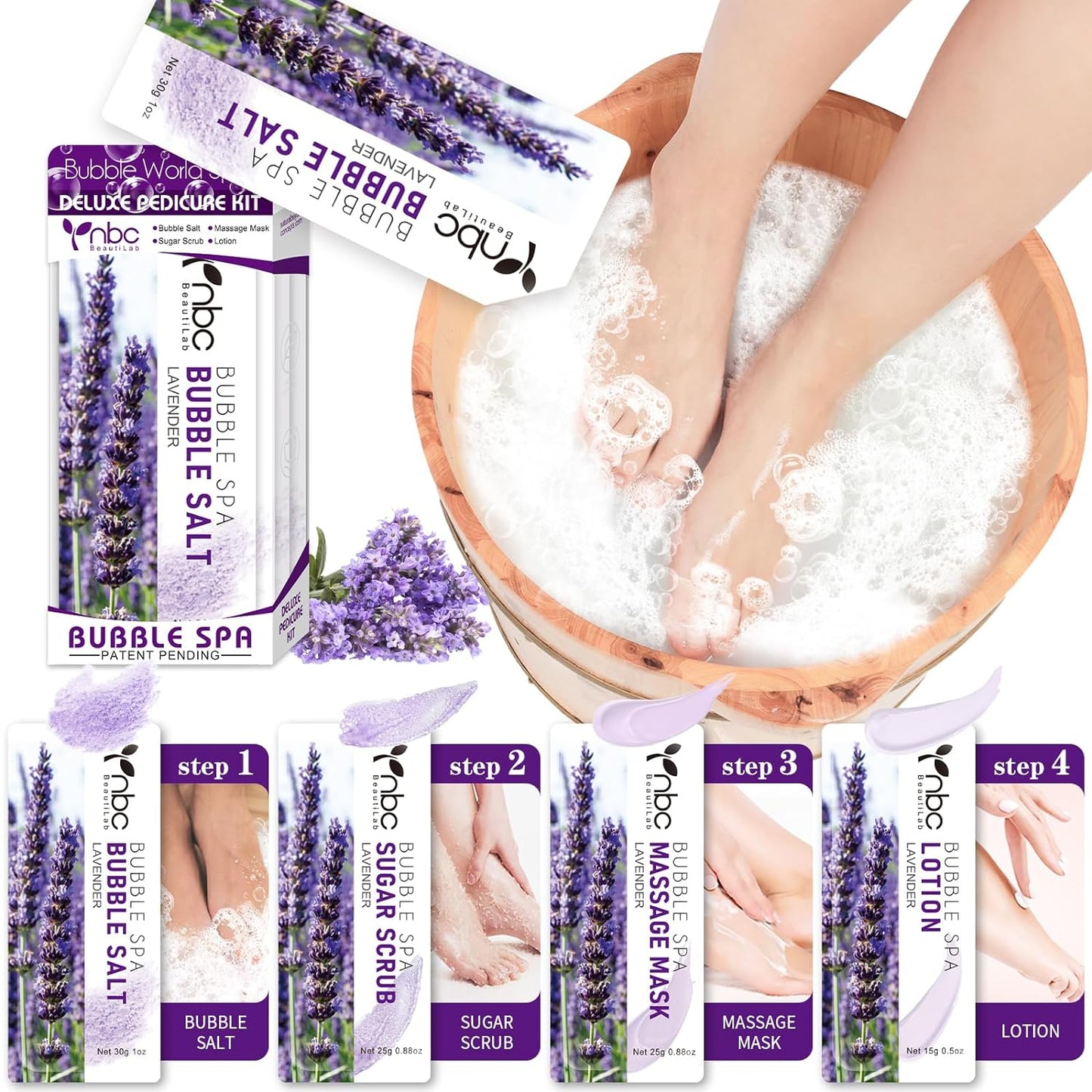 Pedicure Kit Foot Soak Set: Bubble Salt, Sugar Scrub, Massage Mask, Massage Lotion in a Box, 4 Step Foot Spa Kit for Dry Feet,Tired Feet（1 Set Lavender)