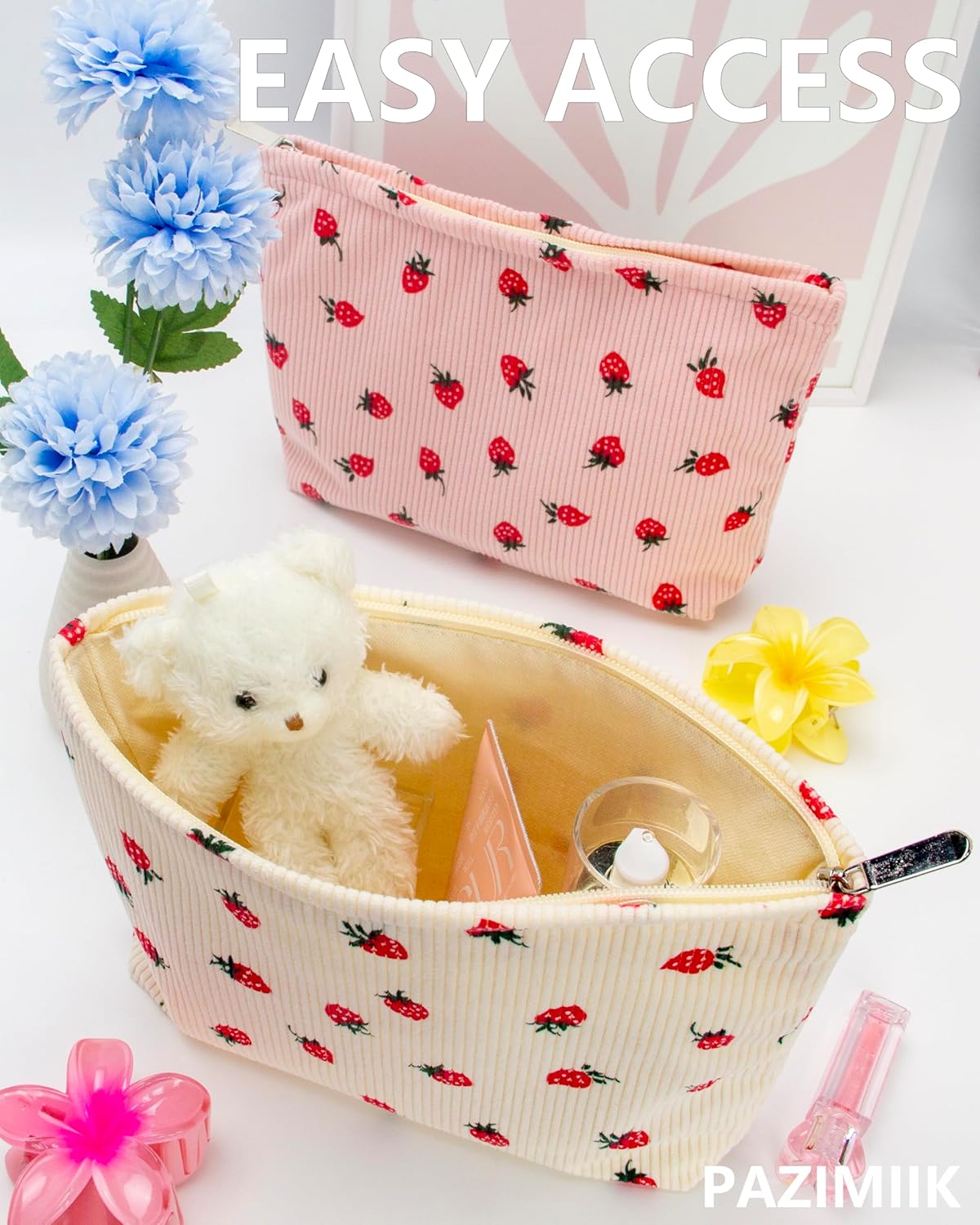 PAZIMIIK Makeup Bag Large Cotton Zipper Pouch for Purse Travel Canvas Make Up Organizer for Women Cosmetic,Strawberry Beige