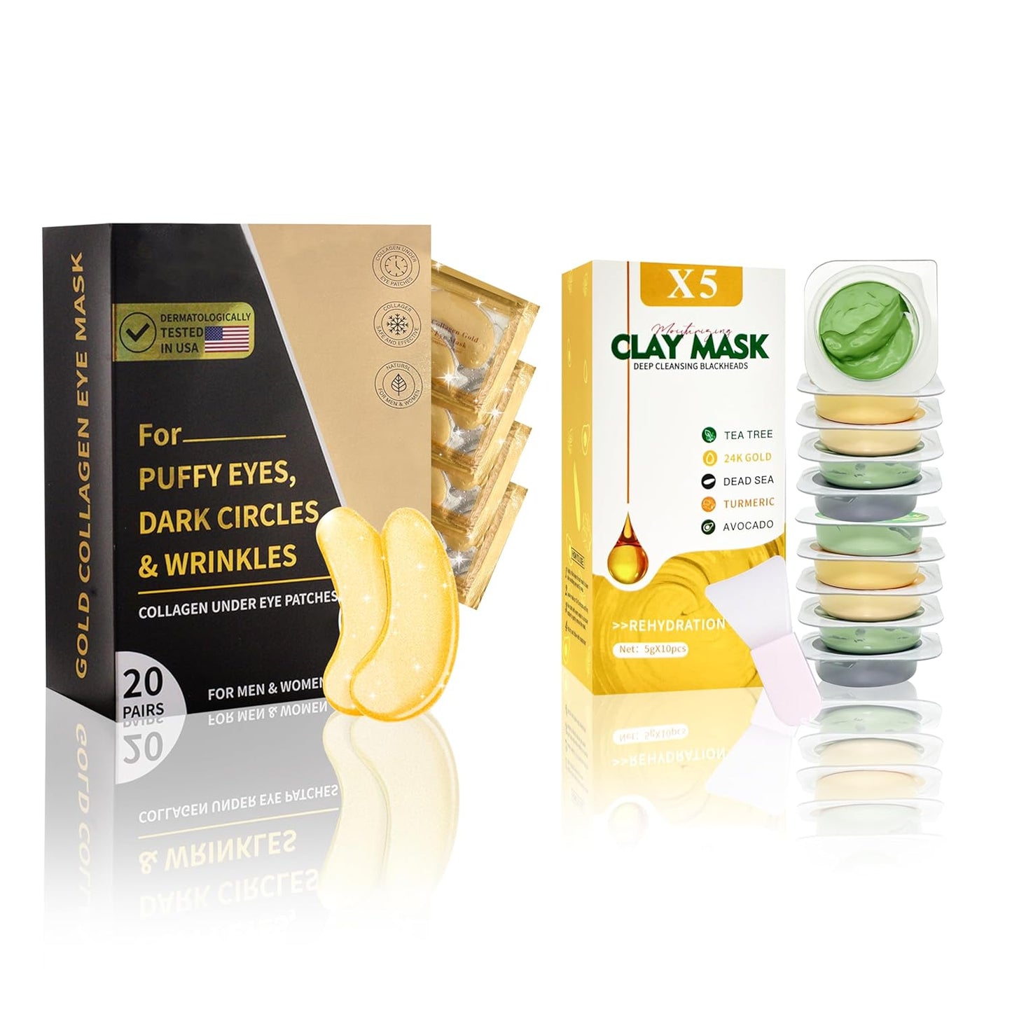 Clay Mask Set (10 Pods) Gold Eye Patches (20 Pairs), Mud Mask Deep Pore Cleansing Acne Blackhead Removal, Eye Patches for Puffy Eyes Dark Circles, Men & Women Facial Mask Eye Masks Skin Care.