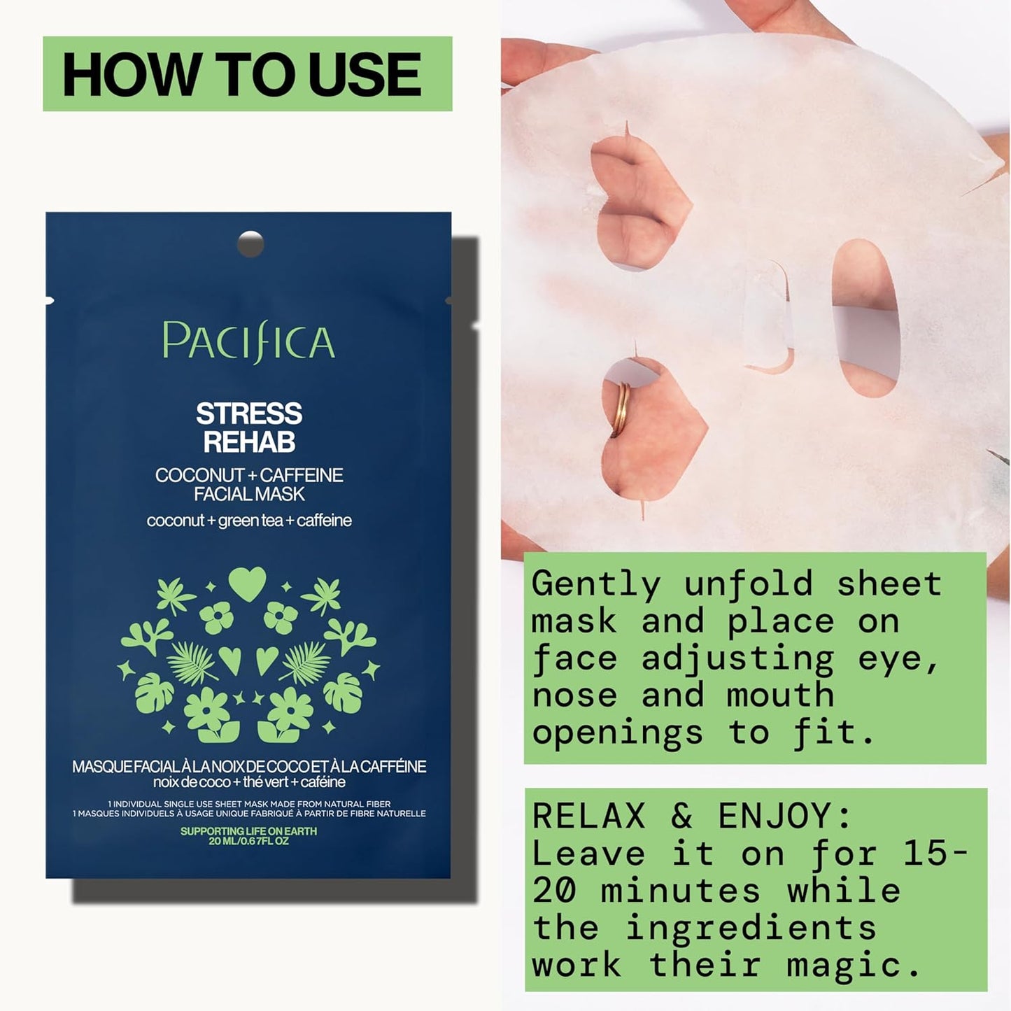 Pacifica Sheet Mask - Skin Rehab Coconut & Caffeine Facial Mask - Sheet Mask for Redness & Puffiness, Infused w/Green Tea, Turmeric & Hyaluronic Acid, Vegan & Cruelty-Free Skincare
